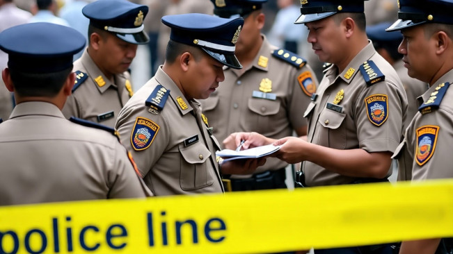 Ilustras polisi berada di tempat kejadian perkara perempuan pekerja spa tewas di Pejaten Barat, Pasar Minggu, Jakarta Selatan. (Meta AI)